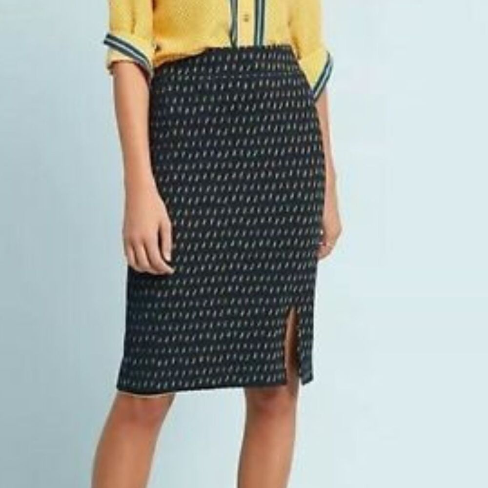 Anthropologie Maeve Hannon Navy Yellow Textured Pencil Skirt Size 12
